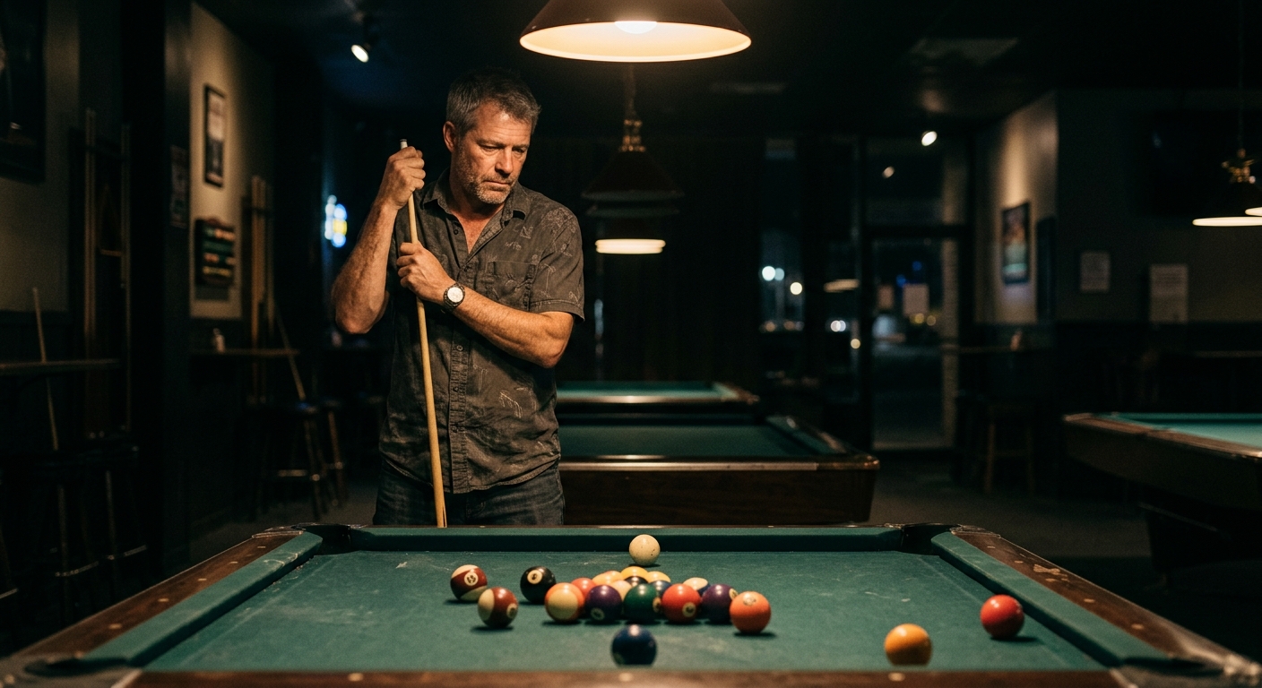A pool player leaning on his cue, stuck at the same level