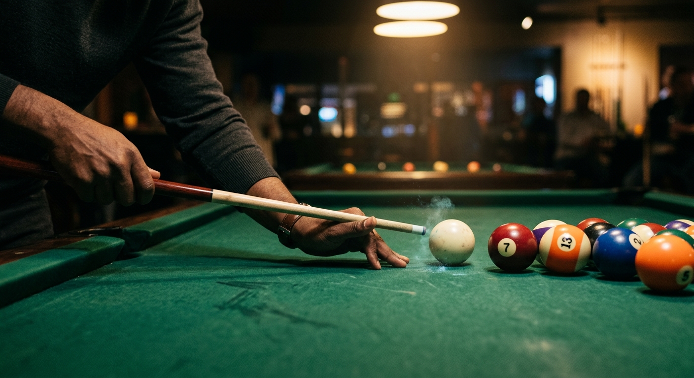 A player executing a clean stroke on the cue ball